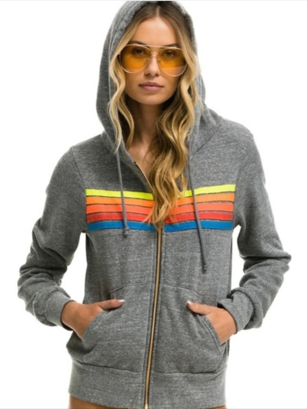 Aviator Nation 5 Stripe Hoodie Heather Grey Neon Size S